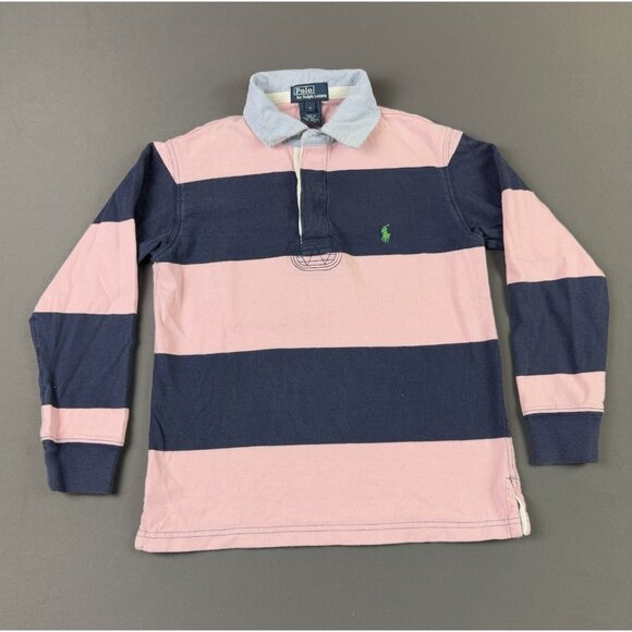 Rare Vintage Y2K Polo Ralph Lauren Pony Rugby Long Sleeve Polo Size 7 Kid Stripe - Picture 1 of 5